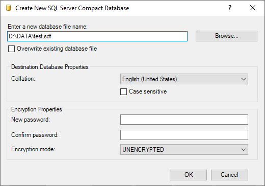 Создание базы данных SQL Server Compact