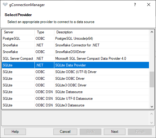Подключение к базе данных SQLite - выбор поставщика данных