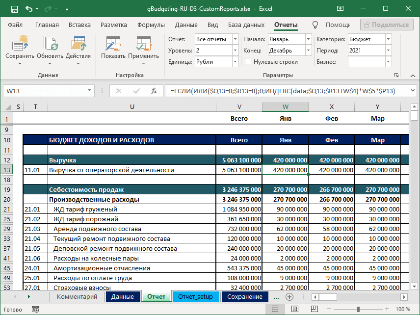 Пример вкладки Отчеты надстройки SaveToDB для Microsoft Excel